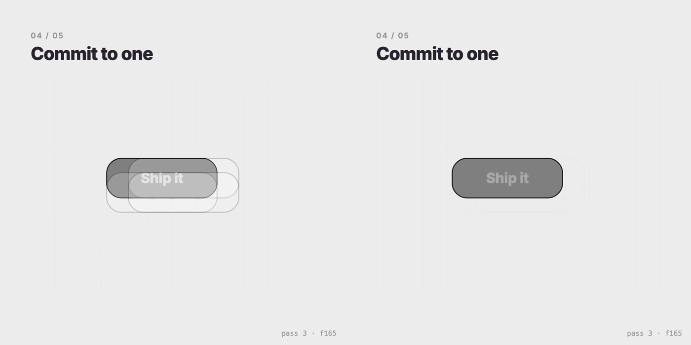 Before and after frame 165: ghost duplicate cards over the button, then a clean button