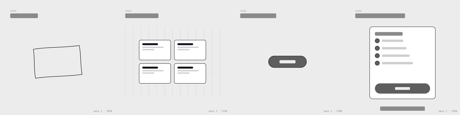 Four grayscale blocking frames of the demo: sketch, grid of cards, button, checklist panel