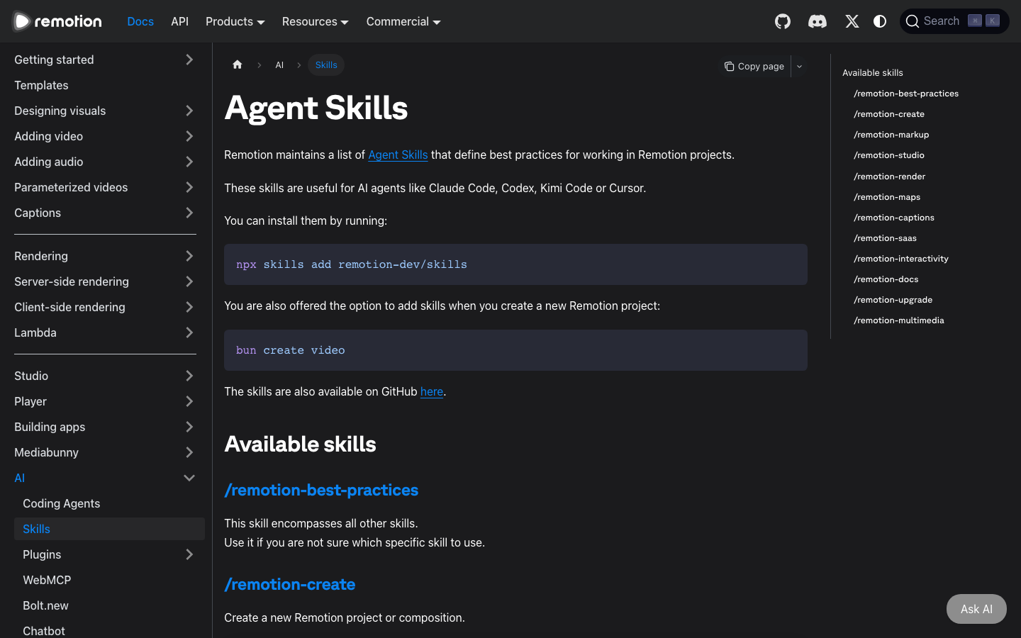 Remotion documentation page listing its official agent skills