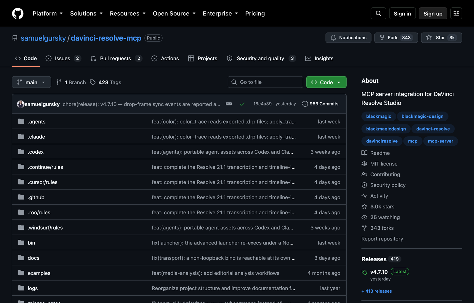 samuelgursky davinci-resolve-mcp GitHub repository showing 26-tool compound MCP server for DaVinci Resolve Studio