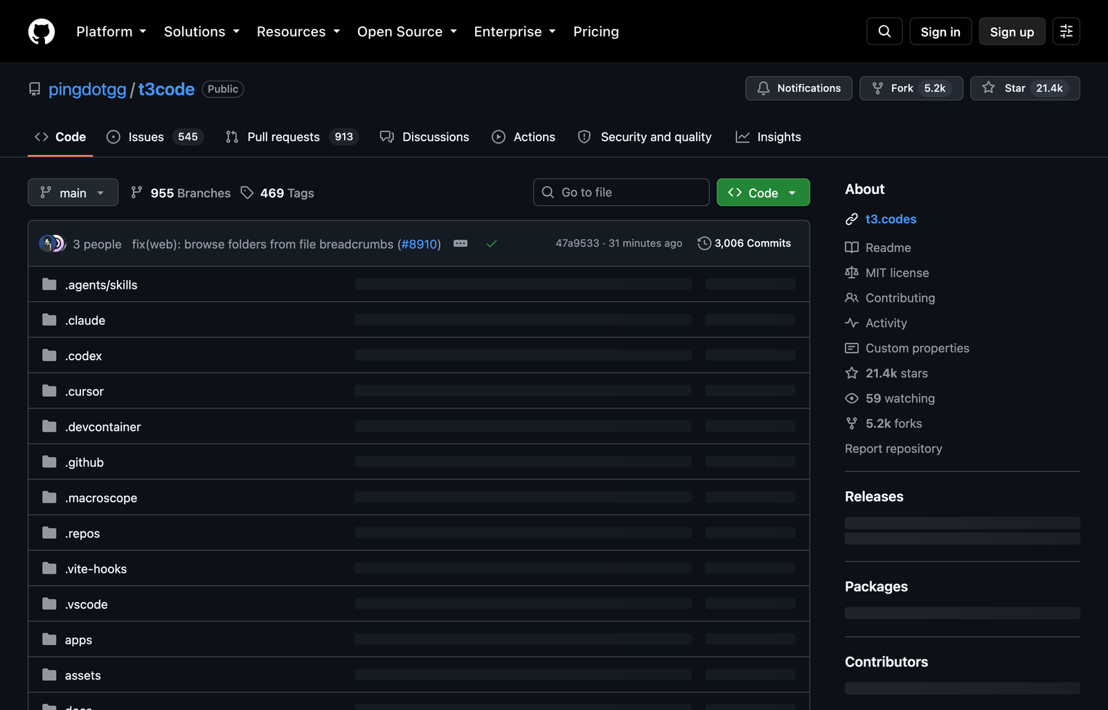 T3 Code's GitHub repository showing its Codex, Claude, Cursor, desktop, web, and mobile application folders