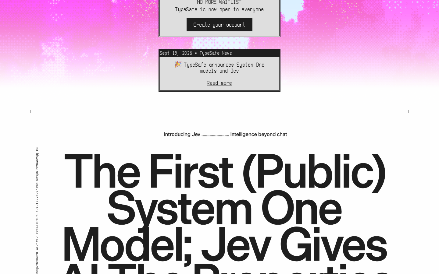 TypeSafe AI launch page introducing Jev as its first public System One model