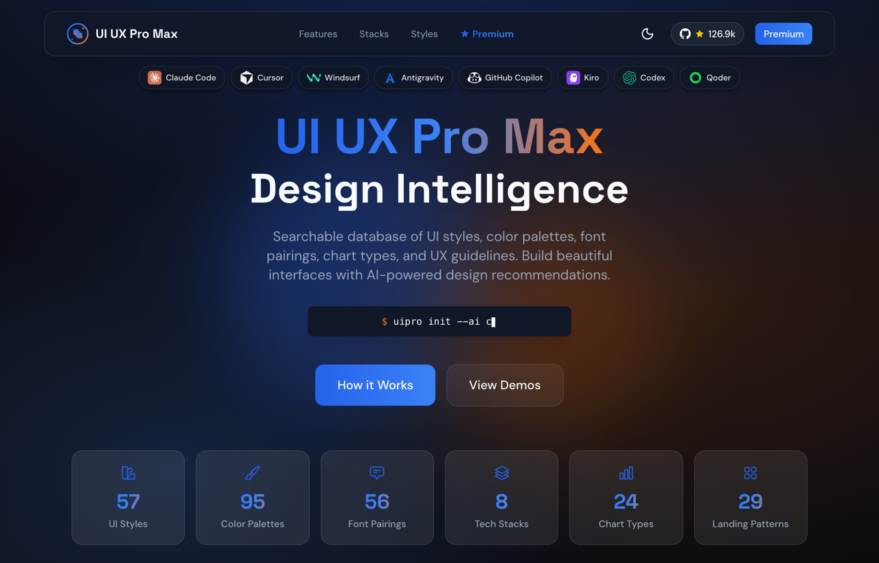 UI UX Pro Max homepage showing its design intelligence system and supported coding agents