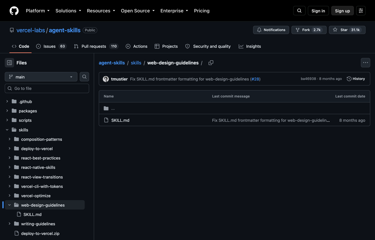 Vercel Web Design Guidelines in the official agent skills repository