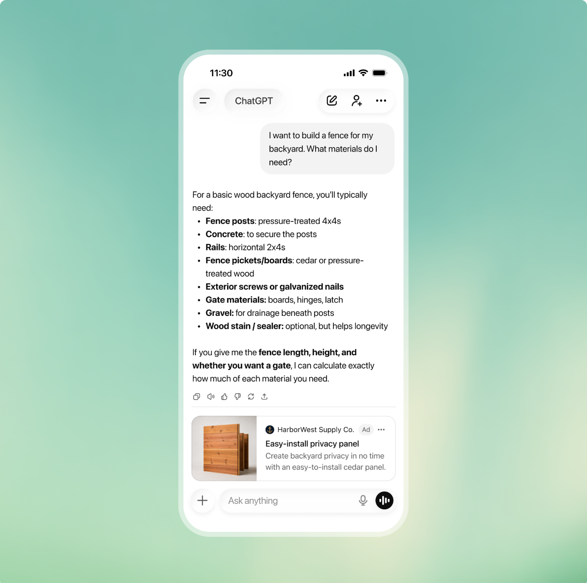 Example ChatGPT ad on a phone: a sponsored HarborWest Supply Co. card for a cedar privacy panel shown below an answer about fence materials