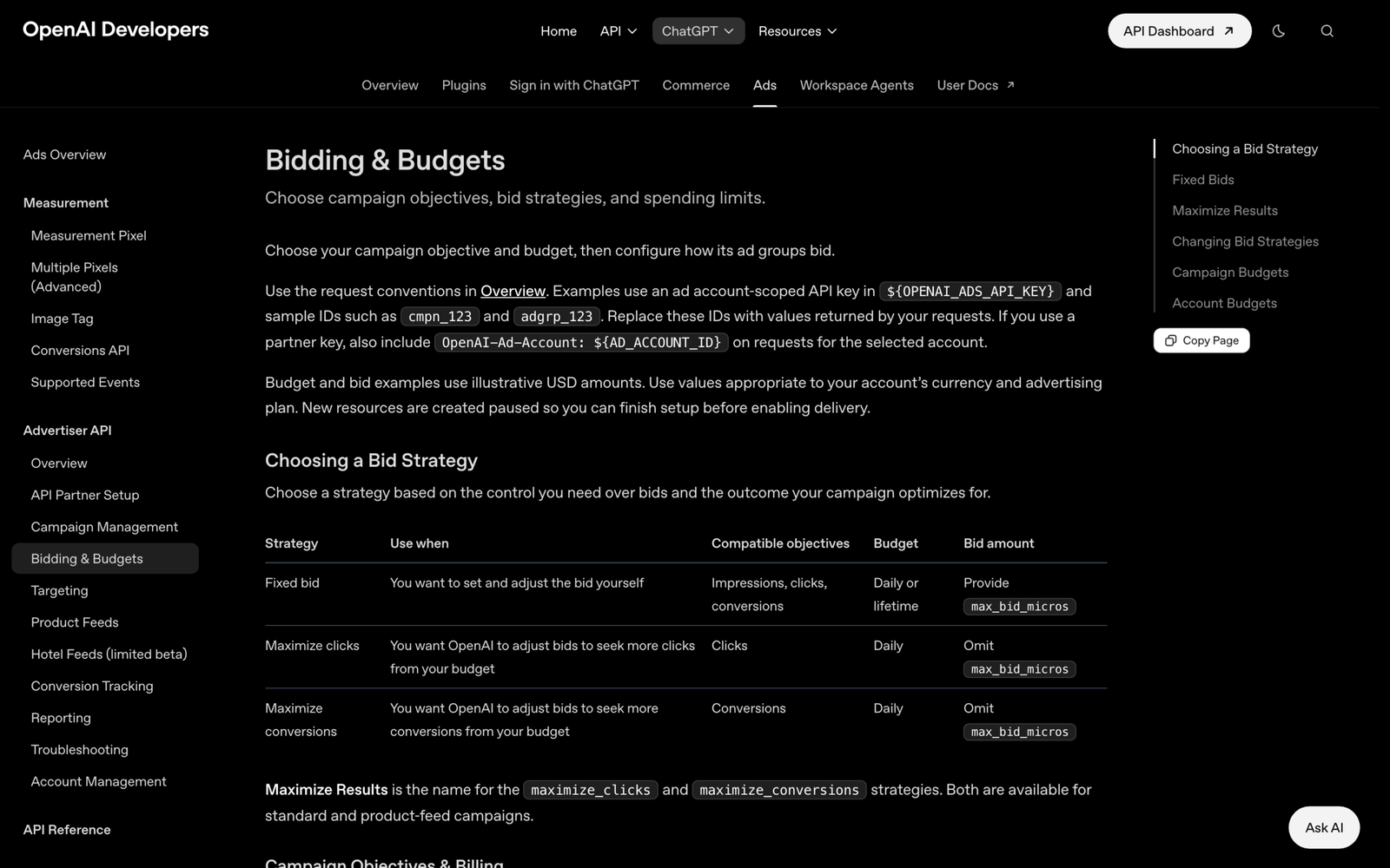 OpenAI Ads developer documentation page on bidding and budgets, listing fixed bid, maximize clicks and maximize conversions strategies
