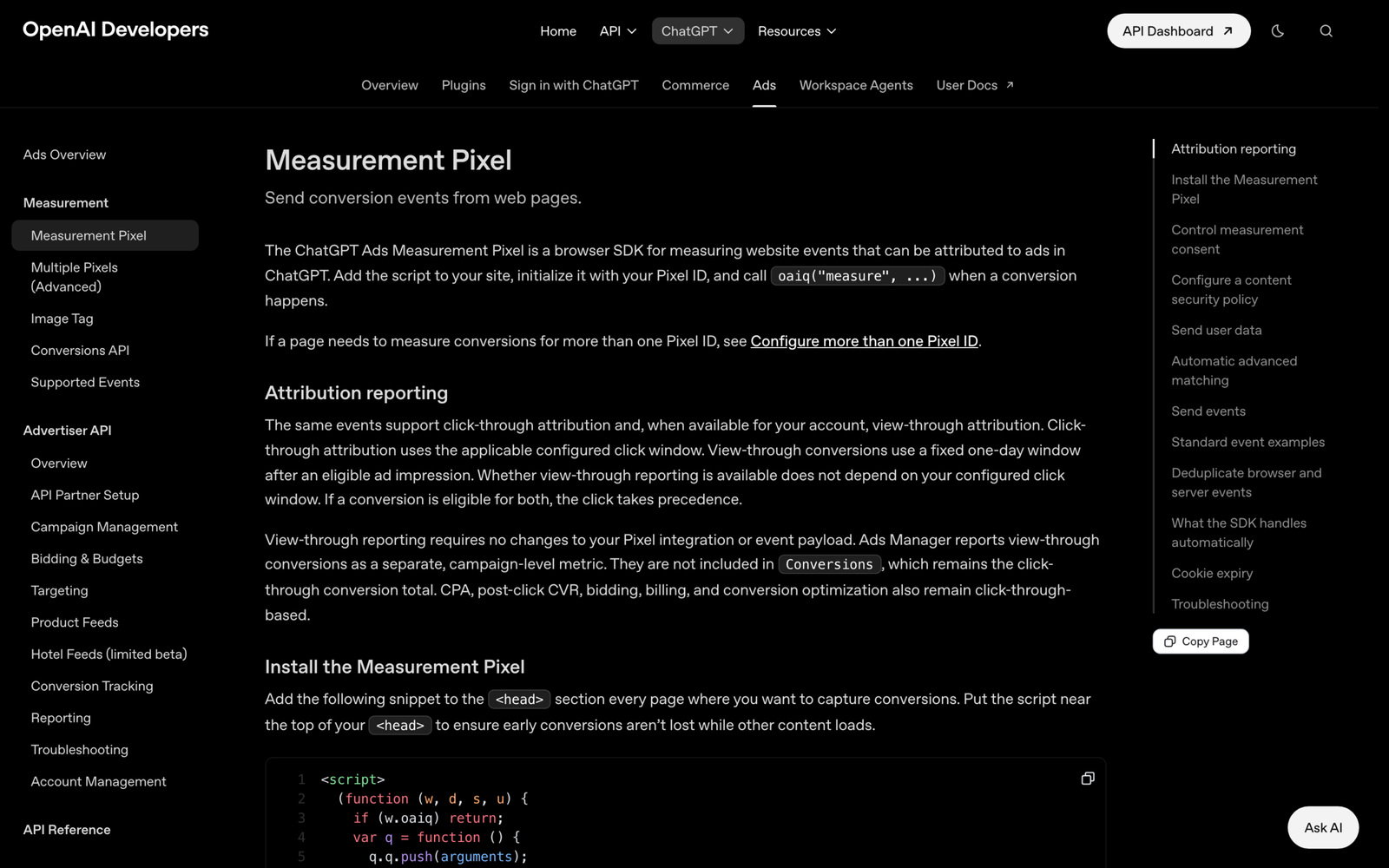 OpenAI Ads Measurement Pixel documentation explaining click-through and view-through attribution and the install snippet