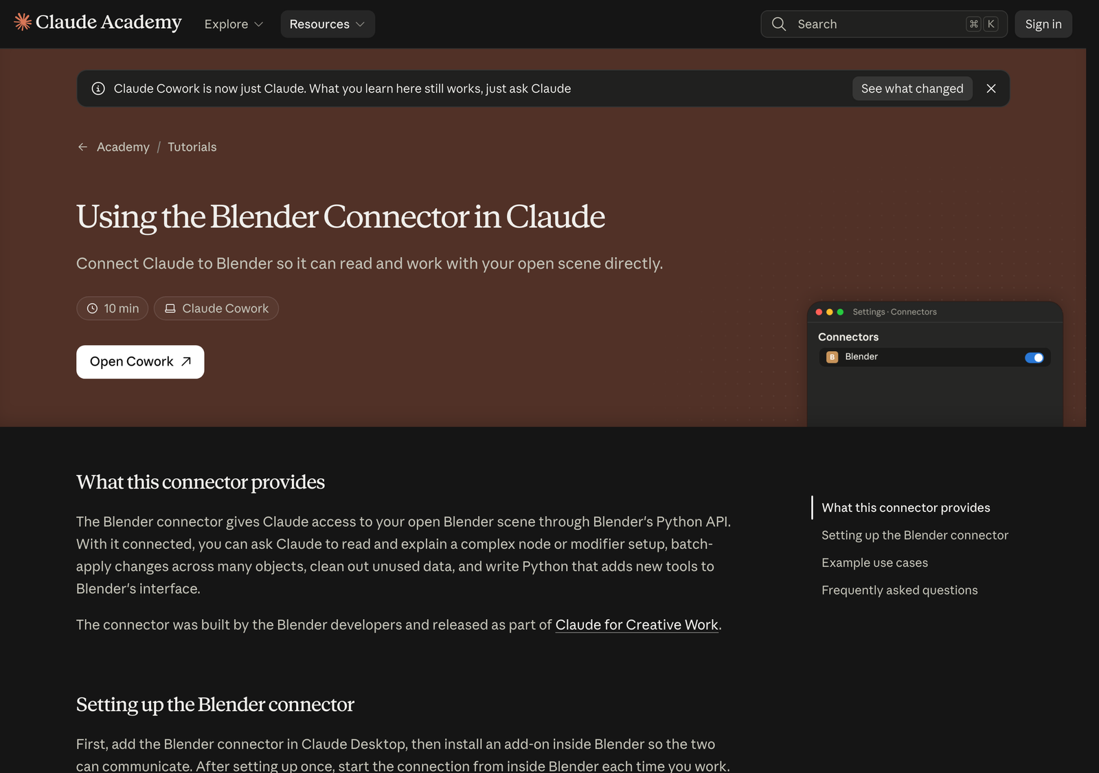 Claude Academy tutorial page titled Using the Blender Connector in Claude, with a Connectors panel showing the Blender connector switched on