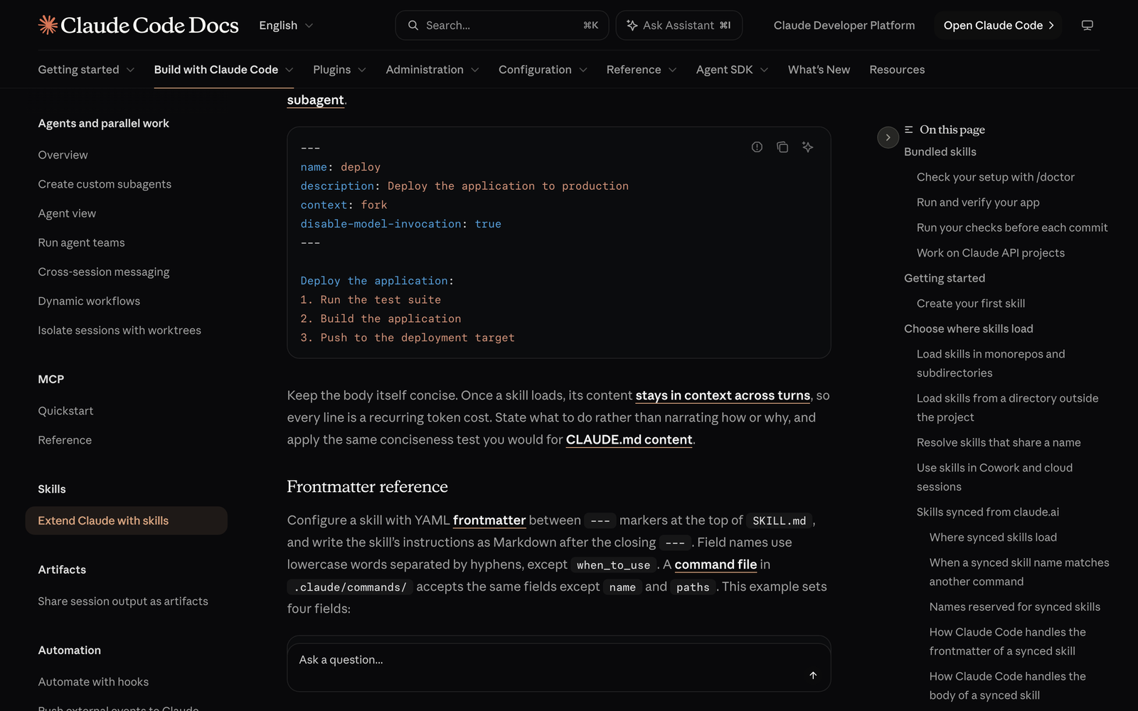 Claude Code documentation showing a deploy skill's frontmatter with context fork and disable-model-invocation true