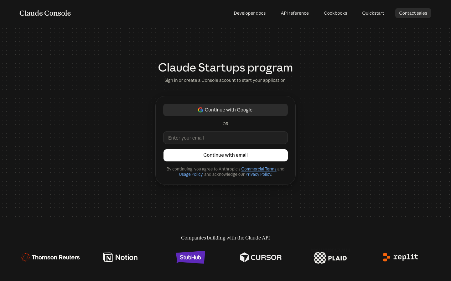 Claude Console sign-in screen titled 'Claude Startups program'