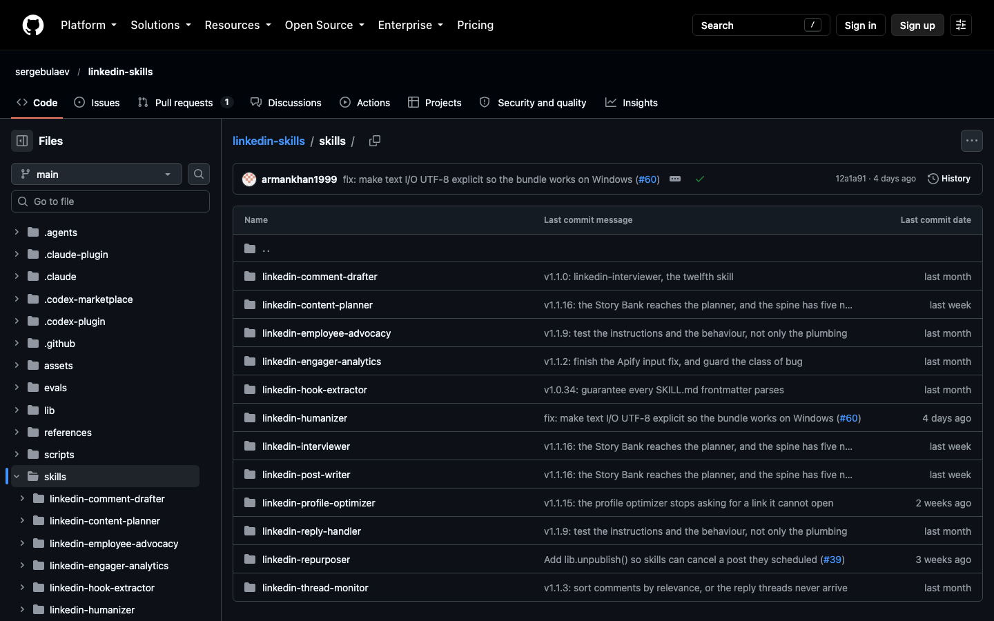 The skills folder of the repository listing twelve LinkedIn skill folders