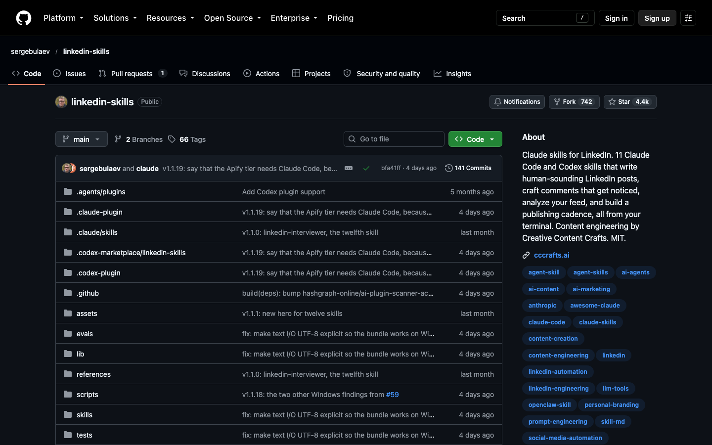 The linkedin-skills repository on GitHub