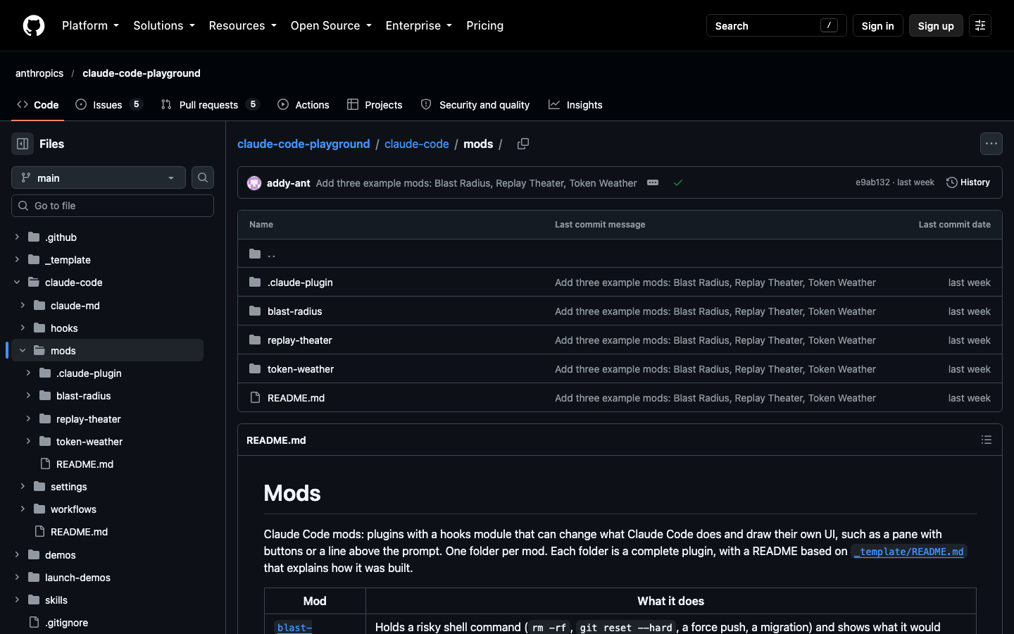 Anthropic's claude-code-playground repository showing the blast-radius, replay-theater and token-weather sample mods