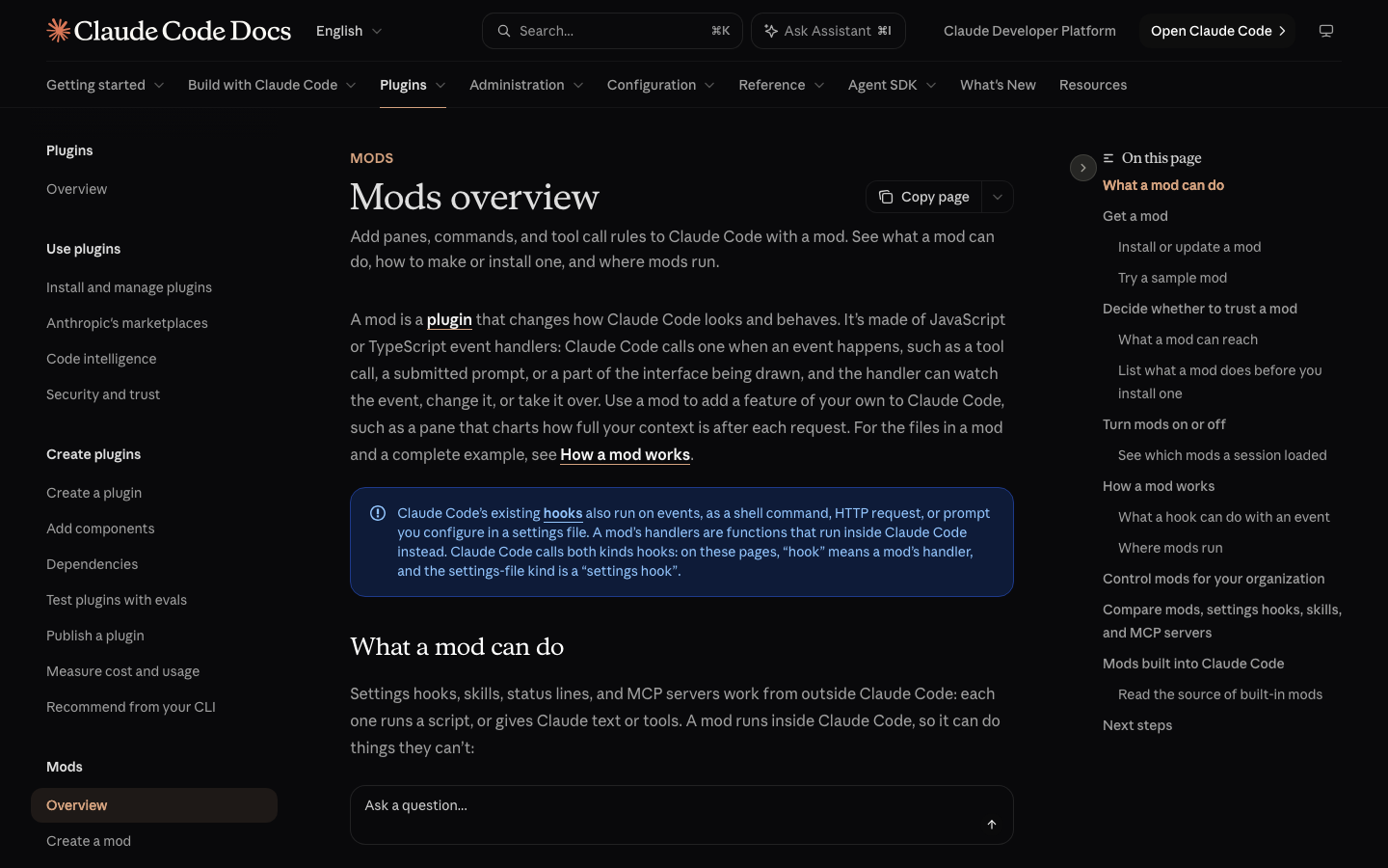 Claude Code documentation page 'Mods overview'