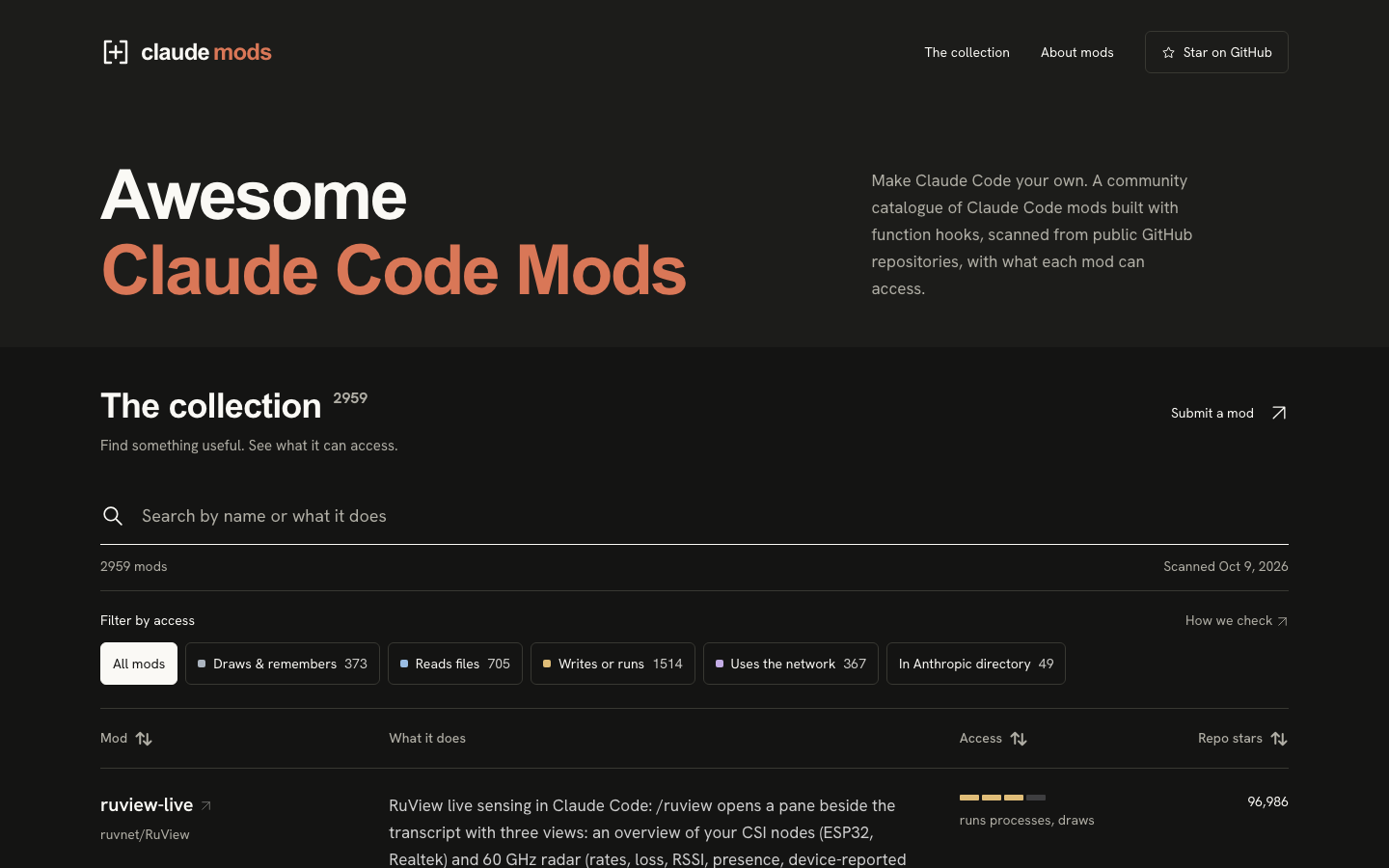 Awesome Claude Code Mods catalogue listing 2,959 mods with filters by access