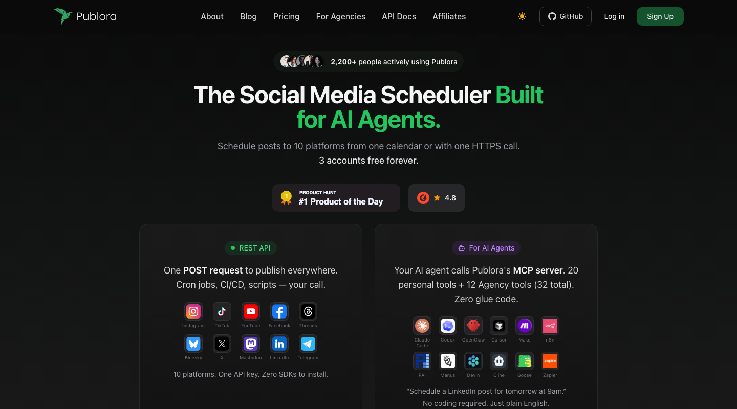 Publora home page describing a social media scheduler for AI agents