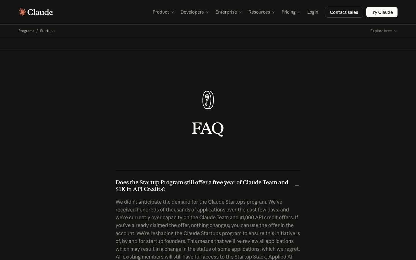 The program FAQ answer saying the Claude Team and $1,000 API credit offers are over capacity