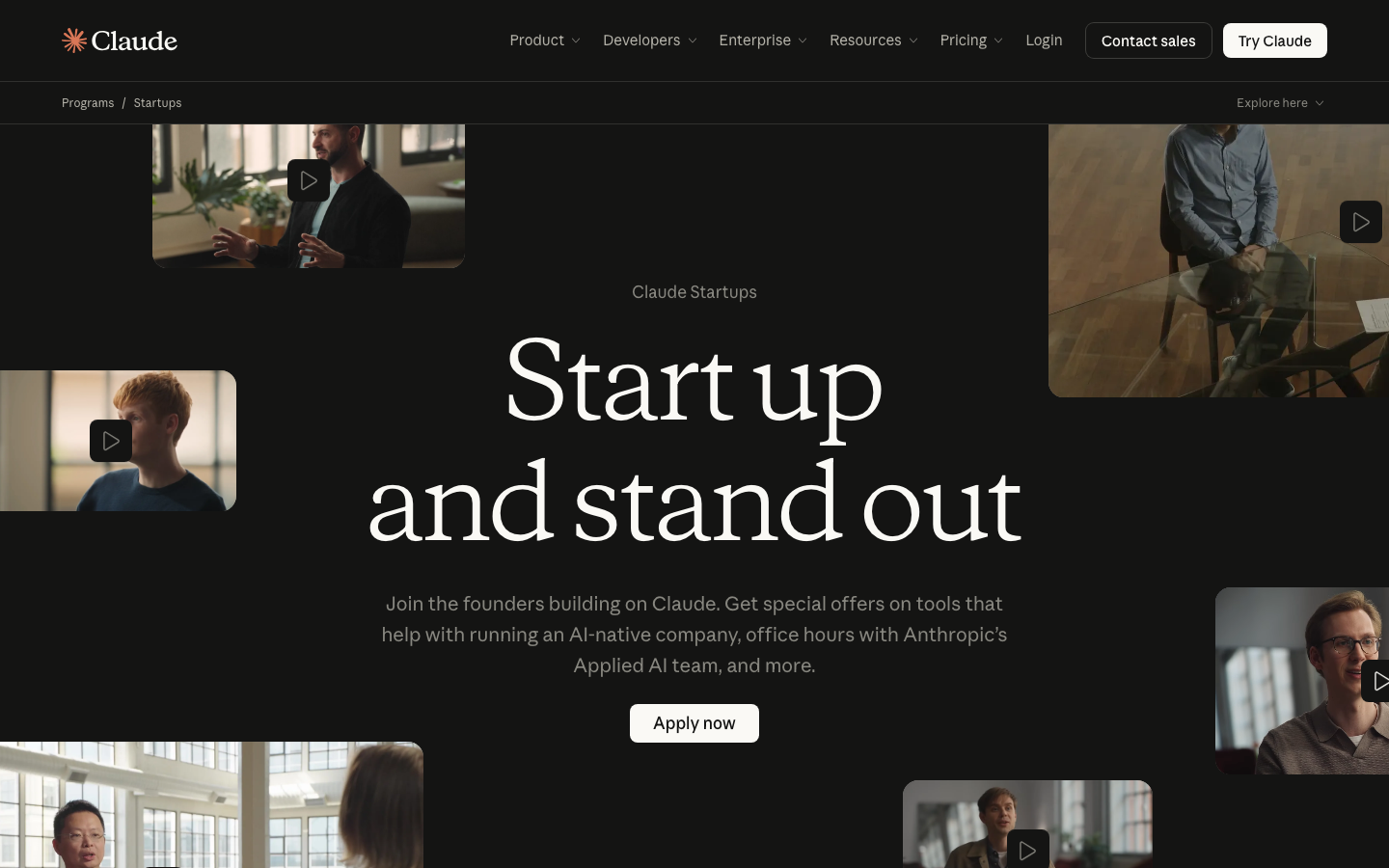 The Claude Startups program page with the headline 'Start up and stand out'