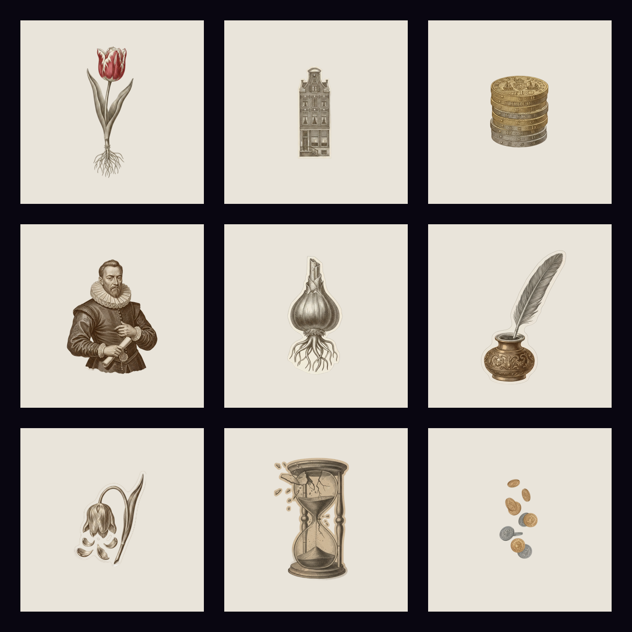 Nine engraving-style cut-outs generated on fal.ai: tulip, canal house, coins, merchant, bulb, quill, wilting tulip, broken hourglass and falling coins