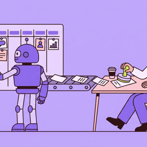 A robot pins post and comment cards onto a weekly planner board while a person at a desk stamps each one approved