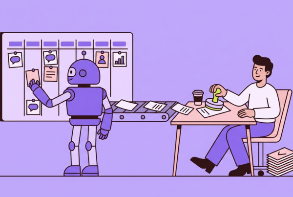 A robot pins post and comment cards onto a weekly planner board while a person at a desk stamps each one approved