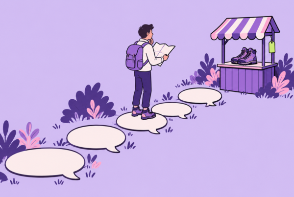 A traveler with a map walks a path of speech-balloon stepping stones toward a small market stall offering hiking boots beside the last stone