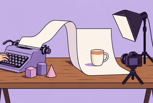 A hand types on a typewriter whose paper flows across a workbench into a studio backdrop where a mug sits under a softbox light, facing a camera on a tripod