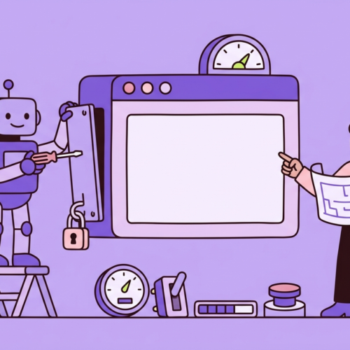 A robot screws a new side panel onto a terminal-window machine while a person points at a blueprint, with spare gauges and switches on the floor