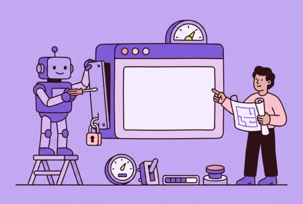A robot screws a new side panel onto a terminal-window machine while a person points at a blueprint, with spare gauges and switches on the floor
