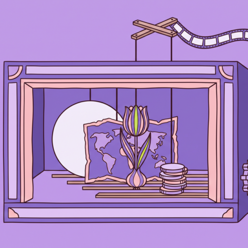 Flat illustration of a paper theatre stage with layered cut-outs of a circle, torn map, tulip and coins held by rods from a puppet control bar trailing a film strip