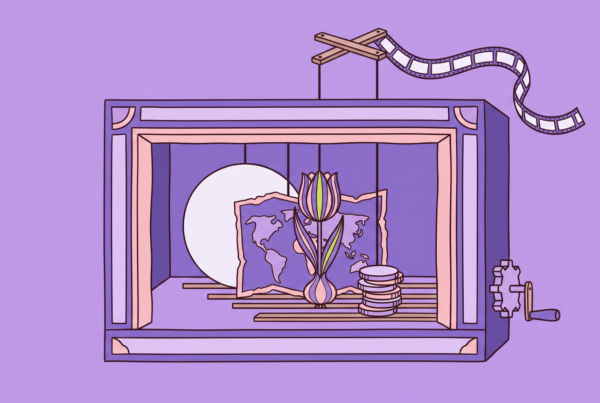 Flat illustration of a paper theatre stage with layered cut-outs of a circle, torn map, tulip and coins held by rods from a puppet control bar trailing a film strip