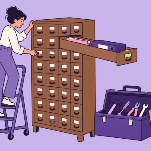 A person on a library step stool pulls one long drawer from a card catalog, revealing a slim folder and a thick binder, beside an open toolbox and a checklist