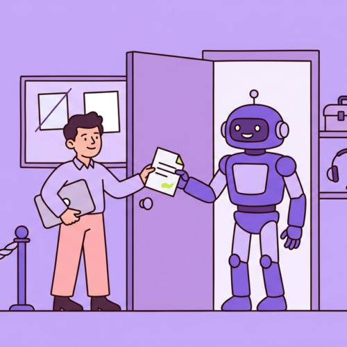 A founder hands an application sheet through a half-open door to a robot, with a shelf of tools, tickets, a headset and a calendar behind it