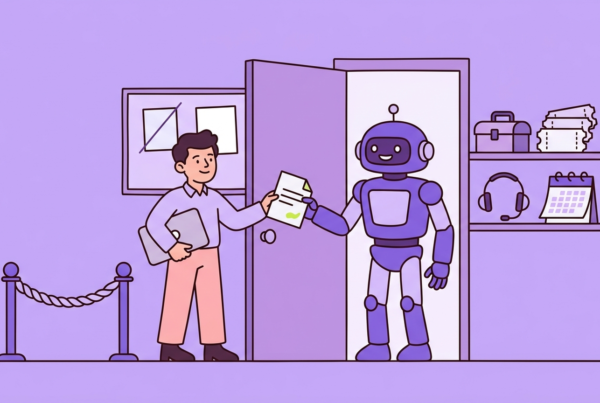 A founder hands an application sheet through a half-open door to a robot, with a shelf of tools, tickets, a headset and a calendar behind it
