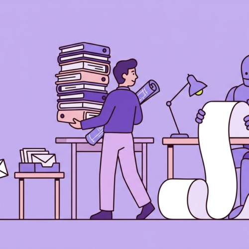 A person carries a tall stack of folders toward a large robot reading a very long scroll, while a small robot on wheels speeds off with one envelope