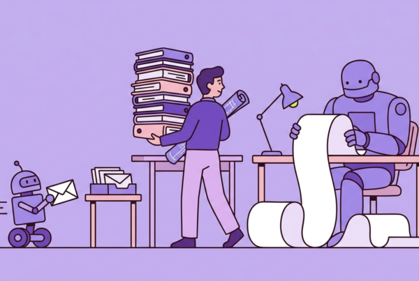A person carries a tall stack of folders toward a large robot reading a very long scroll, while a small robot on wheels speeds off with one envelope
