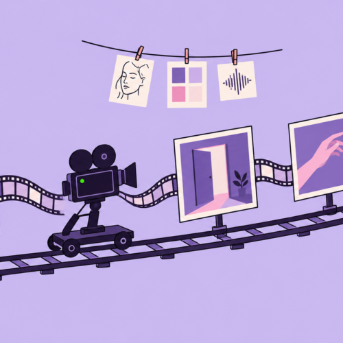 Illustration of a film camera on a dolly track moving between pinned keyframe photos, with reference cards hanging above
