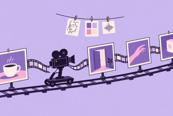 Illustration of a film camera on a dolly track moving between pinned keyframe photos, with reference cards hanging above