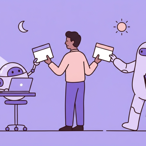 A person hands one task card to a robot working at a desk and another to a robot carrying groceries and a calendar