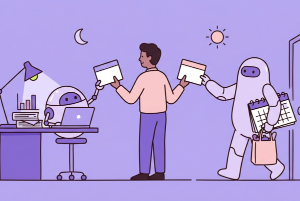 A person hands one task card to a robot working at a desk and another to a robot carrying groceries and a calendar