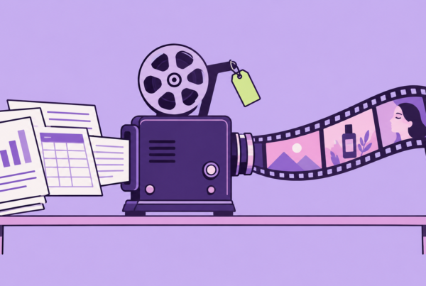 Illustration of paper documents feeding into a vintage film projector that sends out a film strip, with a price tag on the projector