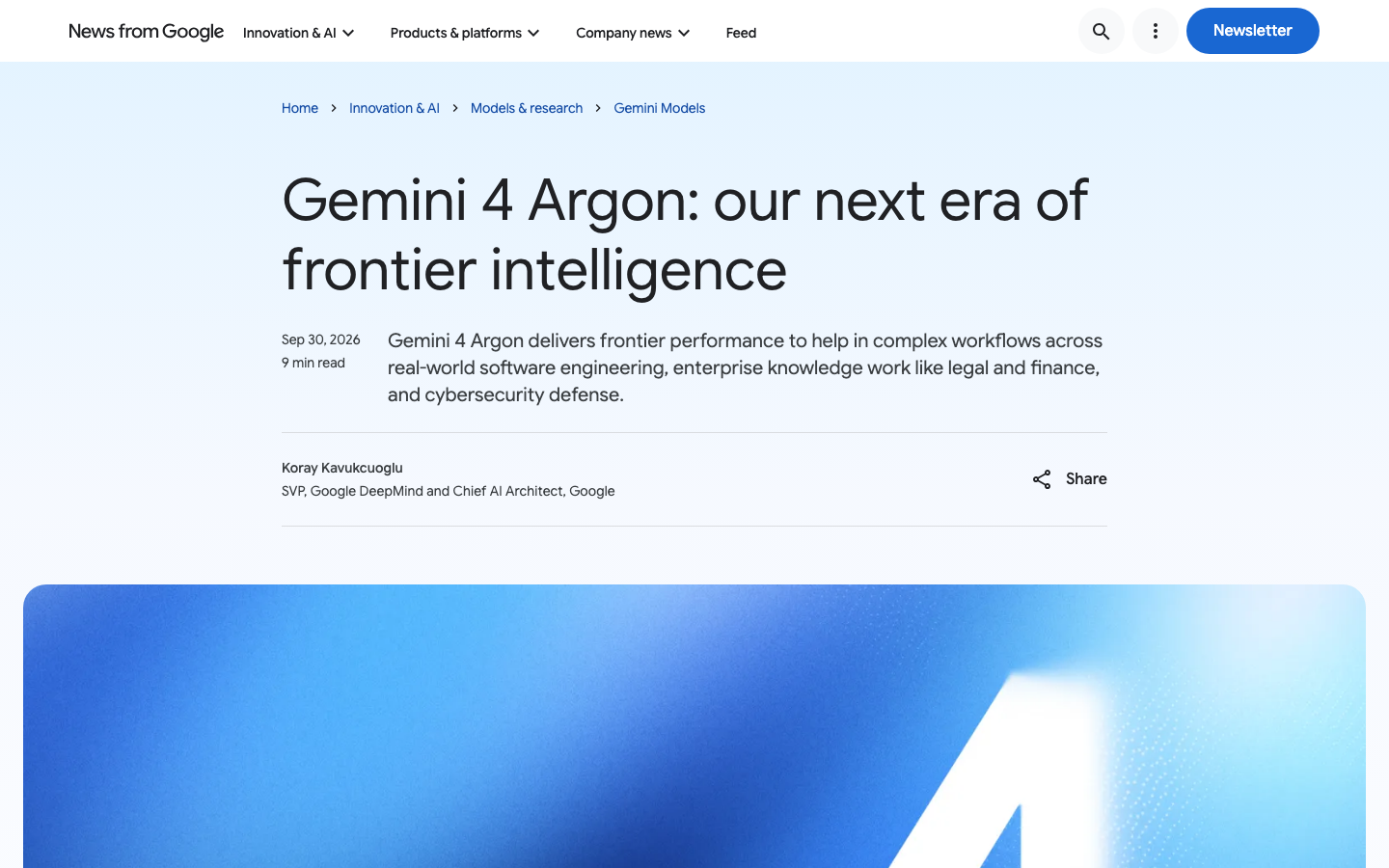 Google blog post titled 'Gemini 4 Argon: our next era of frontier intelligence'