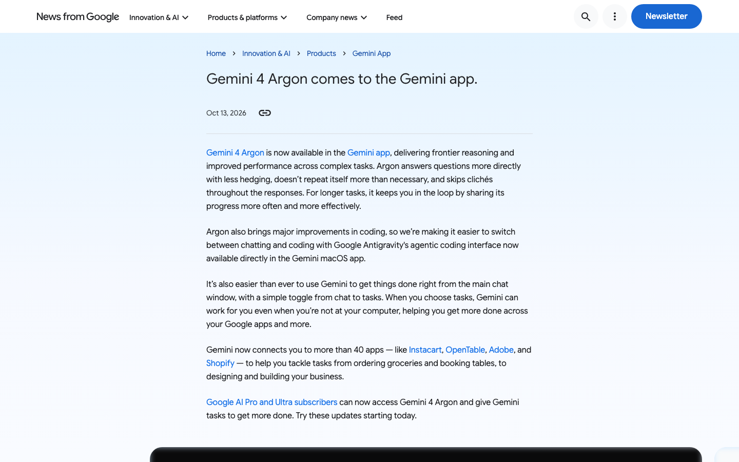 Google blog post 'Gemini 4 Argon comes to the Gemini app' dated October 13, 2026