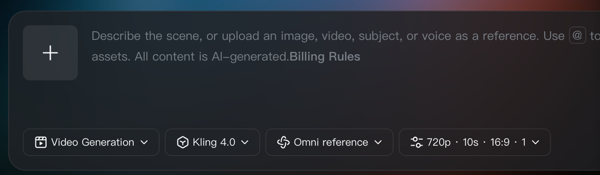 Kling AI creation box with Video Generation, Kling 4.0, Omni reference and 720p, 10s, 16:9 settings