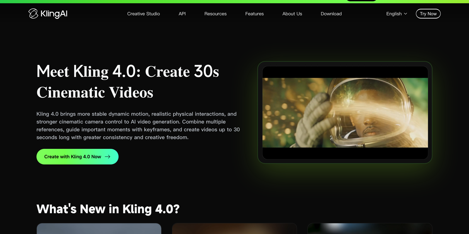Kling AI feature page headed 'Meet Kling 4.0: Create 30s Cinematic Videos'