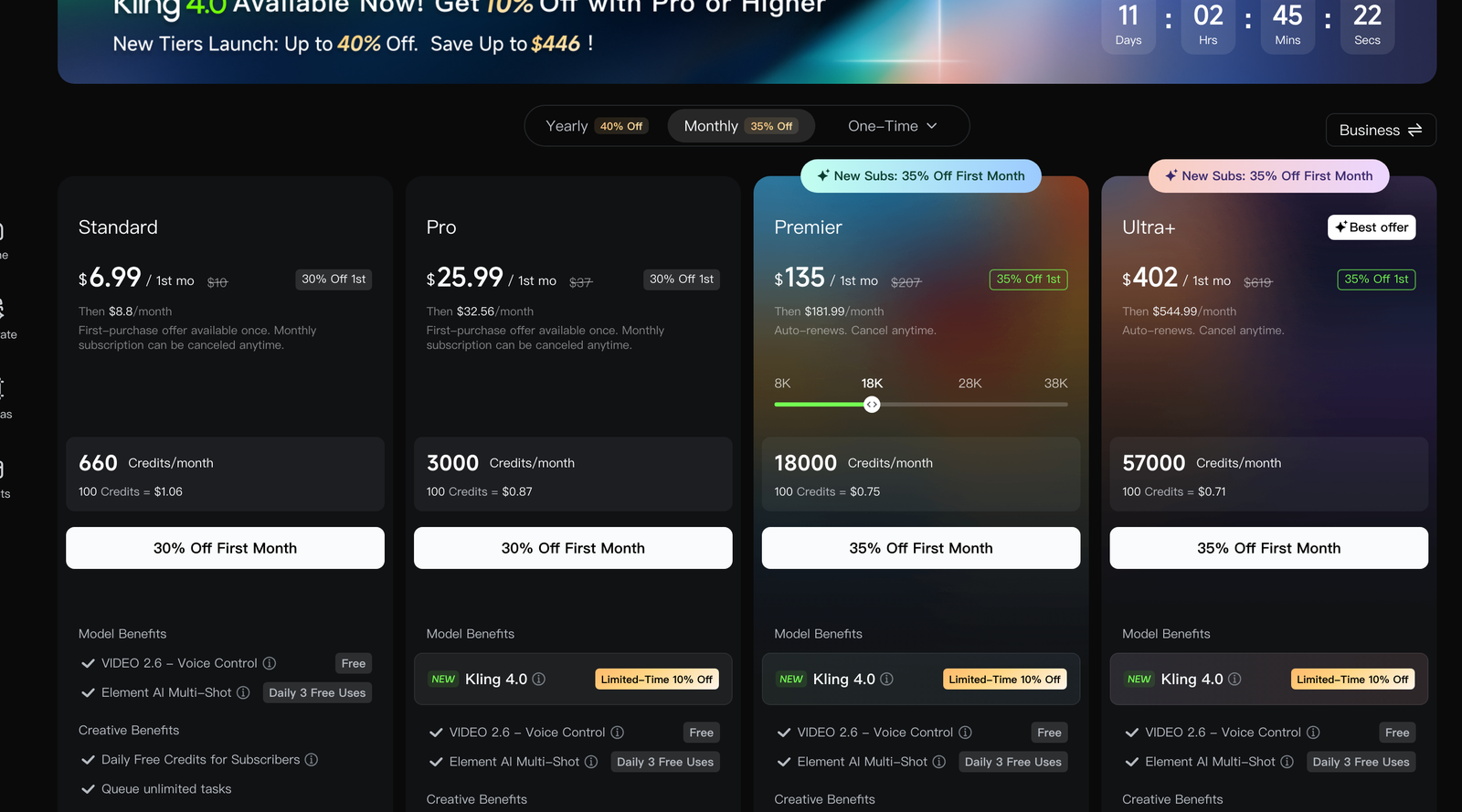 Kling AI membership plans showing Standard, Pro, Premier and Ultra+ with Kling 4.0 listed from Pro up