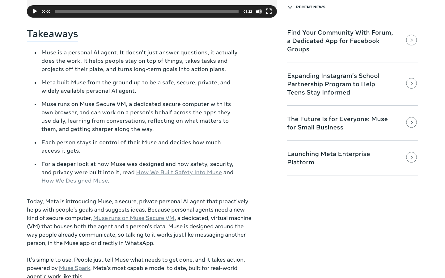 Meta's launch post takeaways describing Muse Secure VM and user control