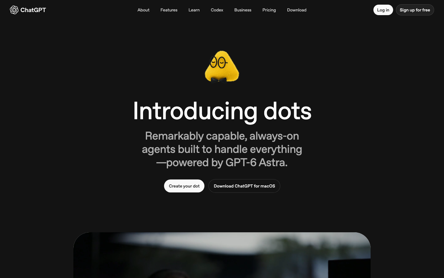 OpenAI's Dots product page headline: always-on agents powered by GPT-6 Astra