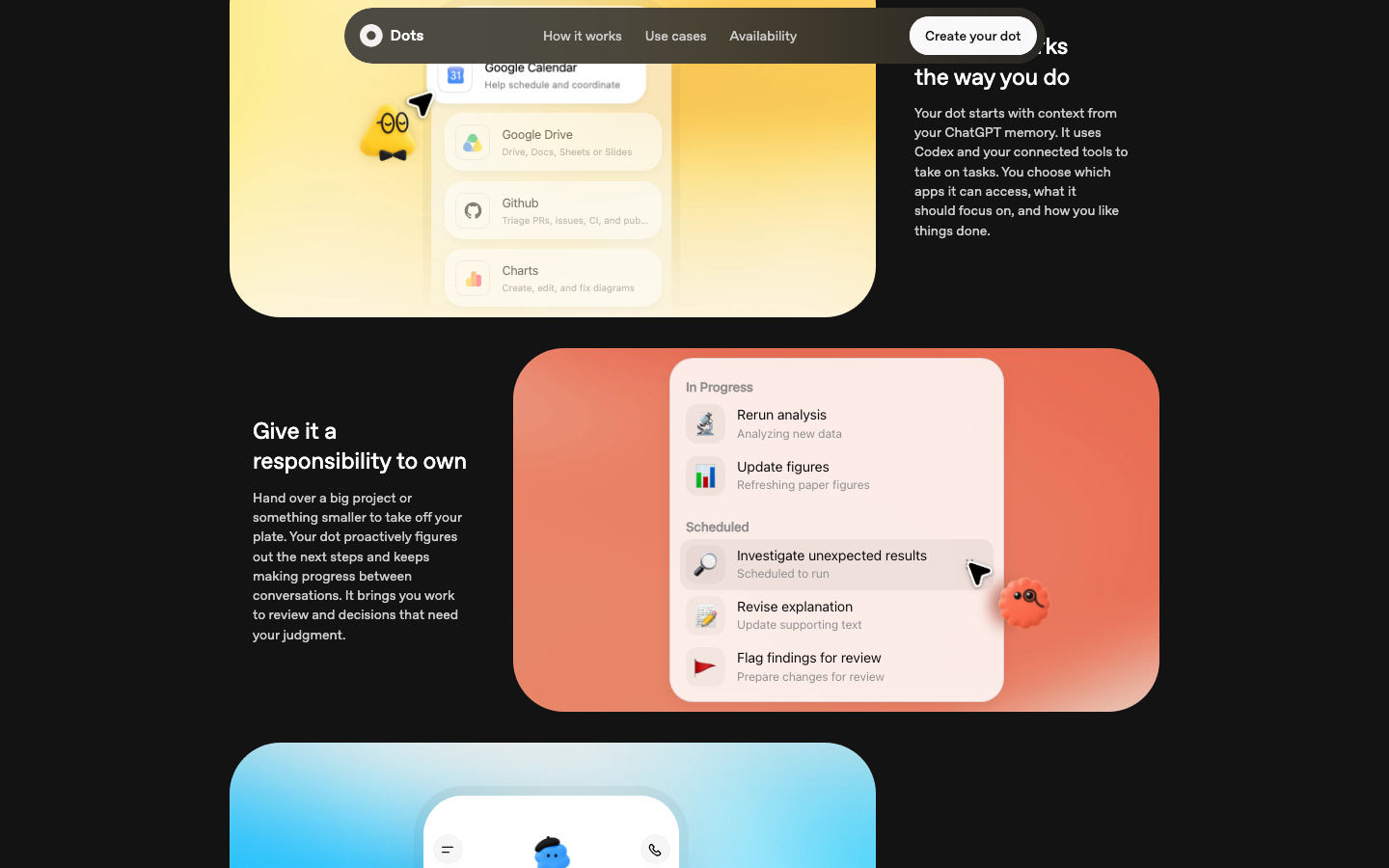Dots page section showing a dot's in-progress and scheduled tasks under 'Give it a responsibility to own'