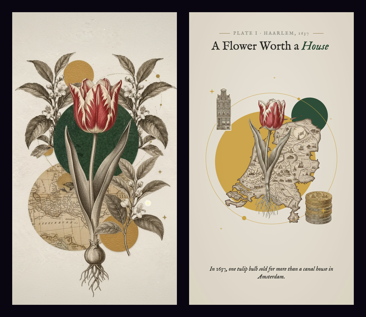 fal.ai plate of a striped tulip collage beside the code-animated scene built from separate cut-out layers